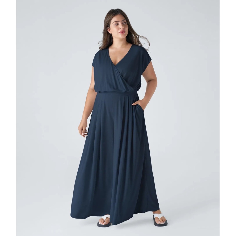Halara 1X V Neck Short Sleeve Side Pocket Wide Leg Flowy Waffle Casual Jumpsuit